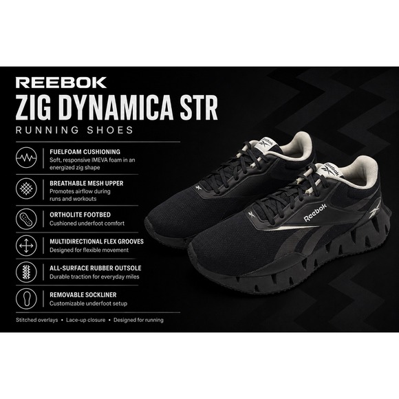 Reebok Zig Dynamica STR Mens Size 12 Black Gray Running Shoes 100209532 FuelFoam main image 2